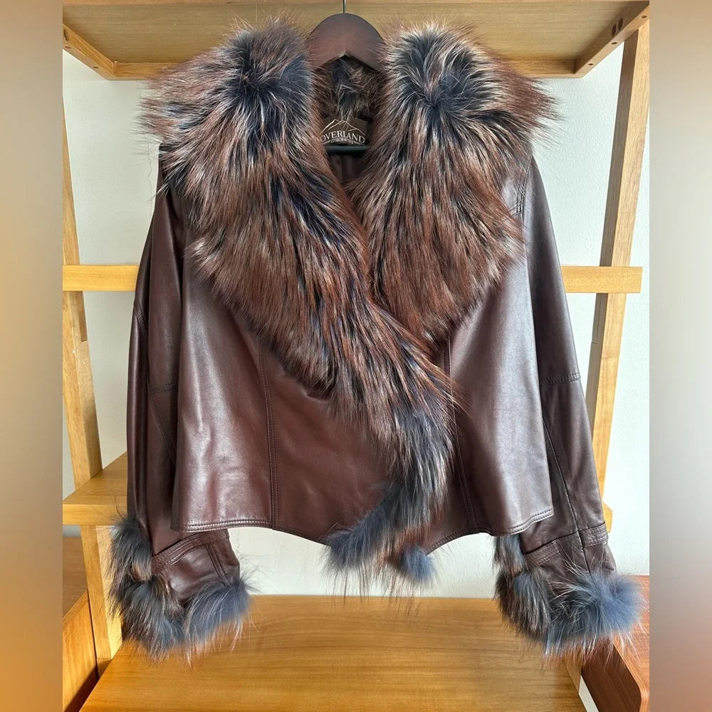 Overland Lambskin Brown Leather Jacket with Fox Fur Trim - size M - Picture 1 of 10